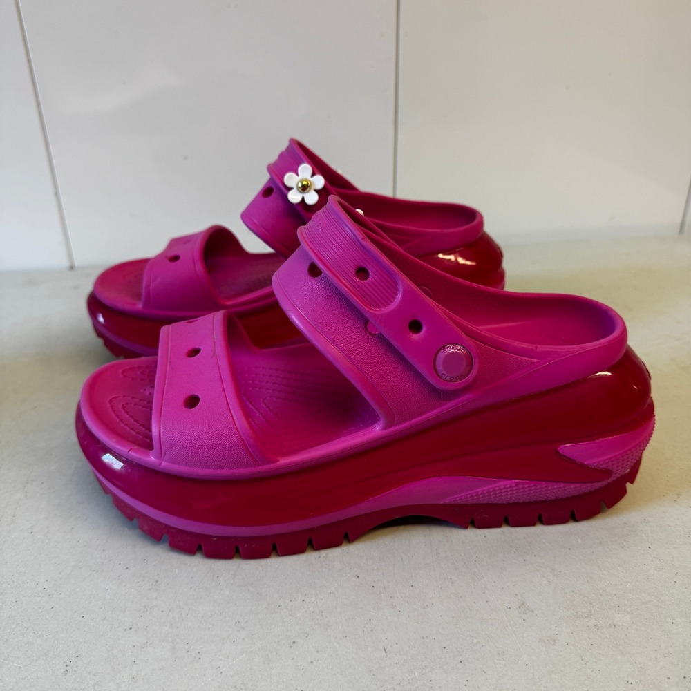 Crocs Mega Crush Sandal Pink Platform Two-Strap Flower Pearl Jibbitz Womens 8